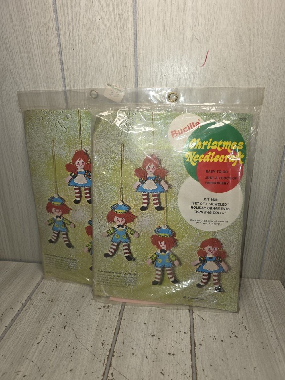 Vtg Bucilla Christmas Needlecraft Kit 1638 Jeweled Rag Doll Ornament Set 2 NIP